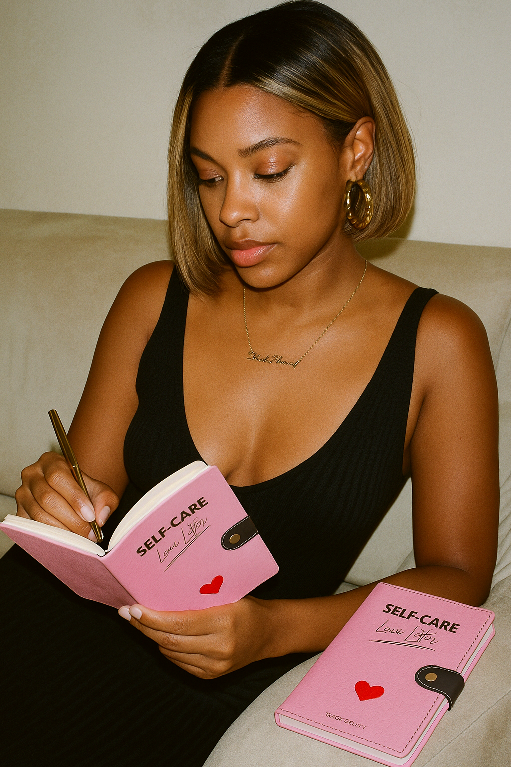 Woman writing in a self-care love journal.