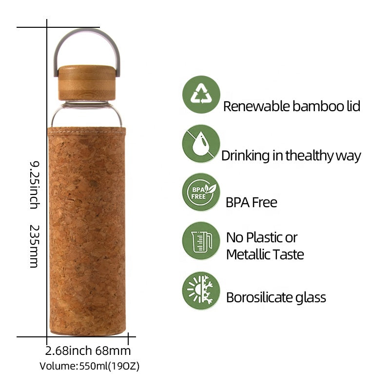 Glass water bottle with cork sleeve and bamboo lid, featuring green icons and text on a white background.