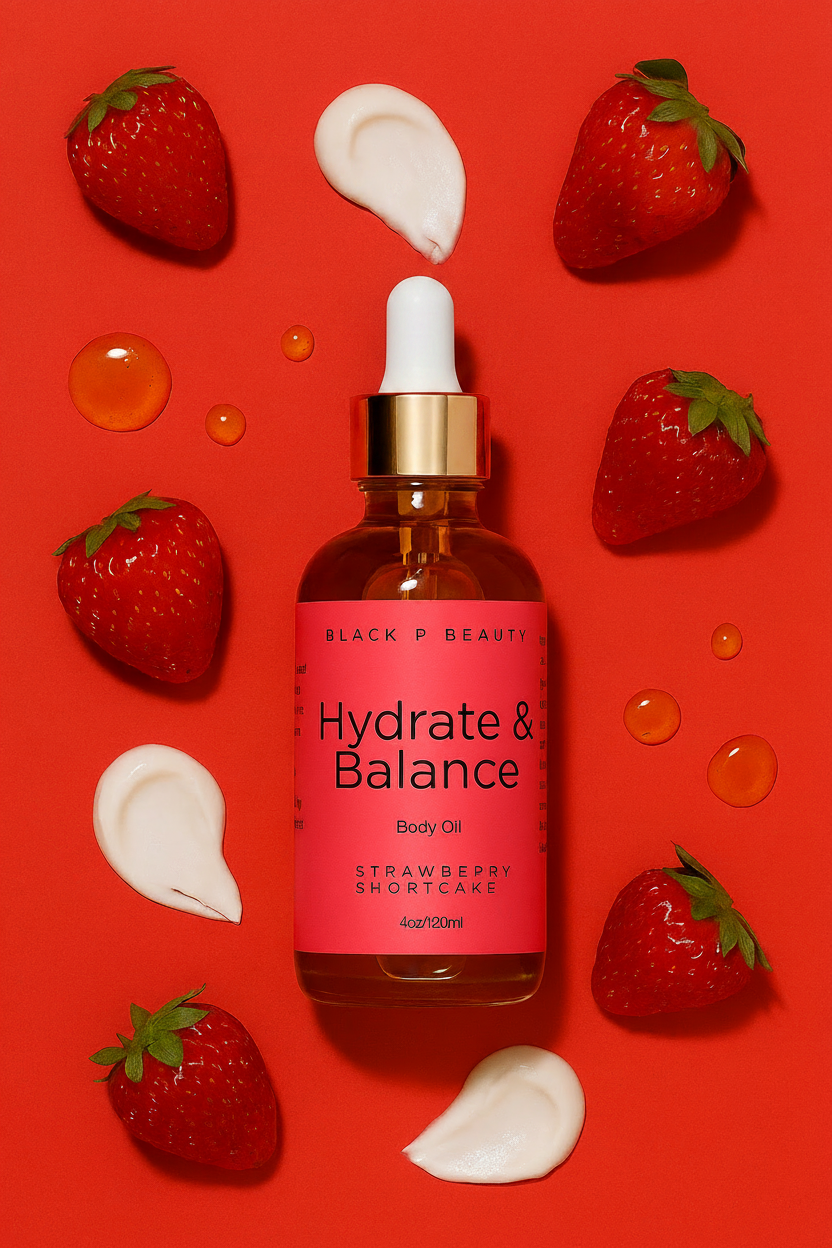 Body oil bottle labeled 'Hydrate & Balance' surrounded by strawberries on a red background