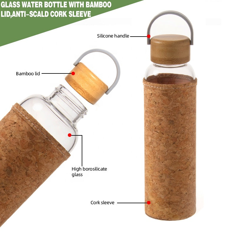 Glass water bottle with bamboo lid and cork sleeve, labeled parts on a white background.
