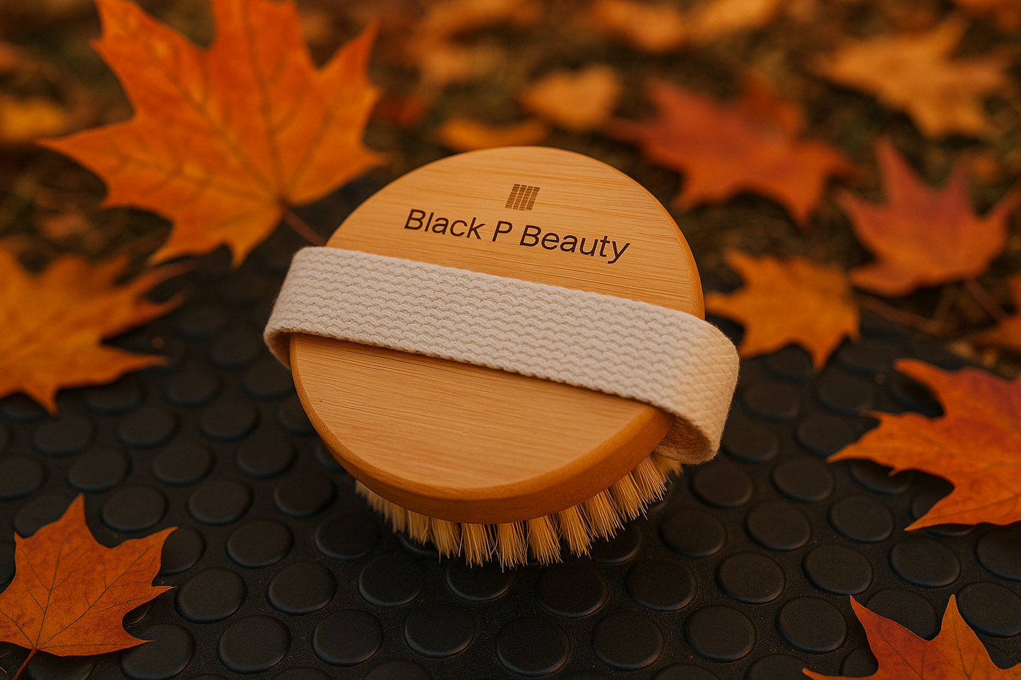 Wooden brush with a white band labeled 'Black P Beauty' on an autumn leaf background