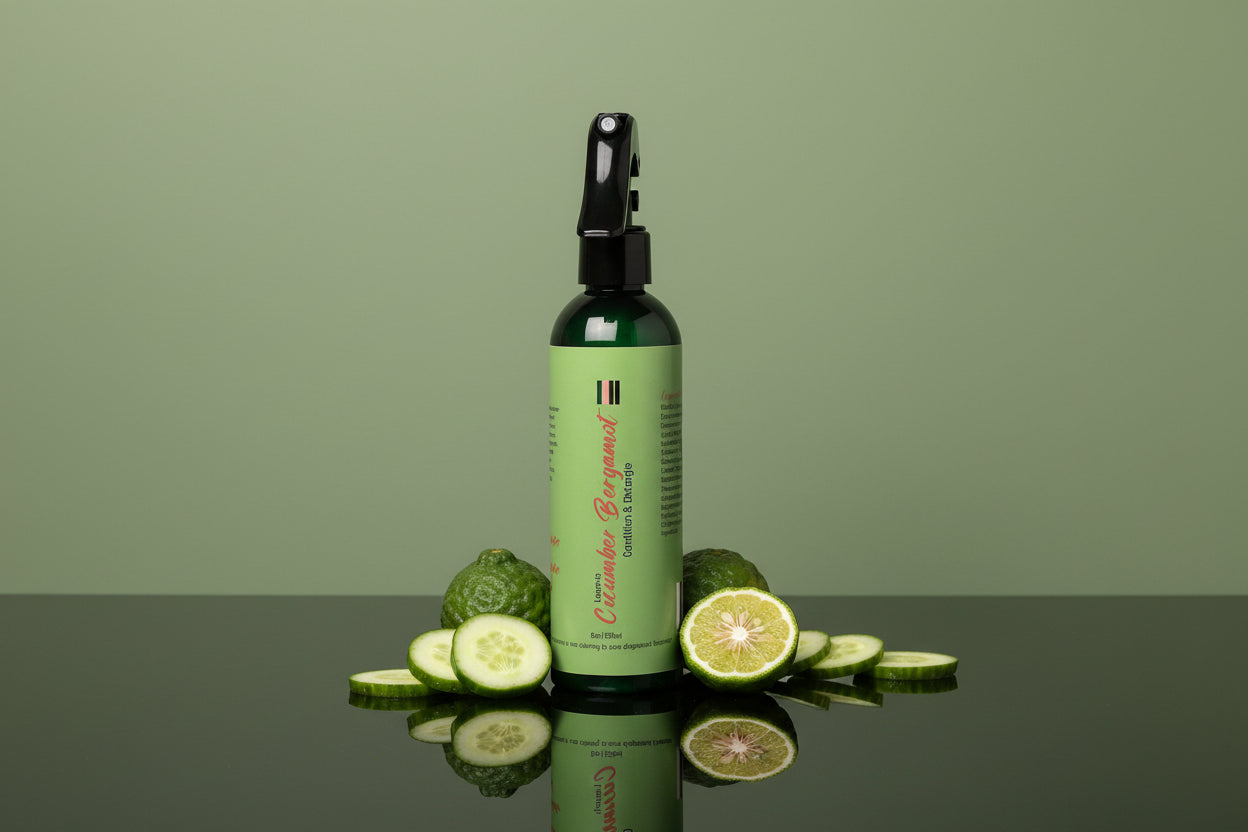 Green bottle of Cucumber Bergamot leave in conditioner with a spray nozzle on a reflective surface with cucumbers andbergamot slices.