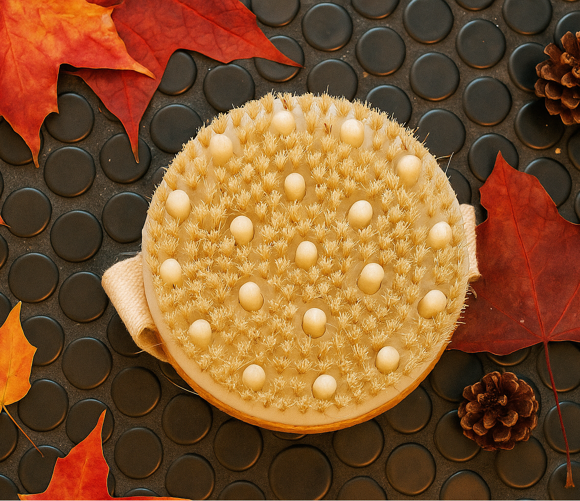 Round beige bristle brush on a dark textured surface with autumn leaves and pine cones.