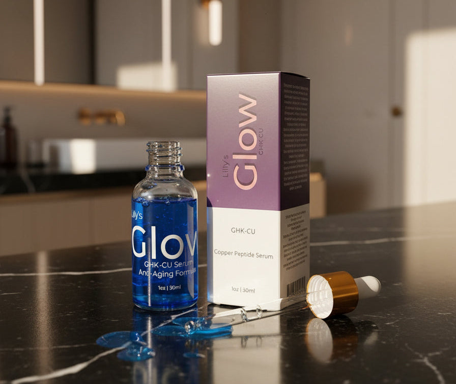 Lily's Glow GHK-CU serum bottle and packaging on a white background