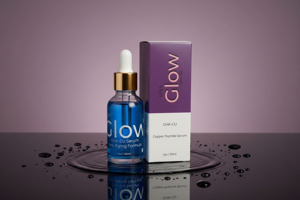 Blue serum bottle with dropper and packaging labeled 'Glow' on a light gray background