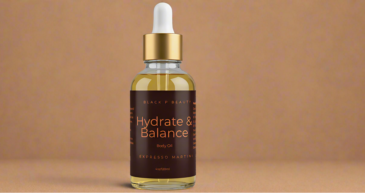 Bottle of 'Hydrate & Balance' serum on a gray background