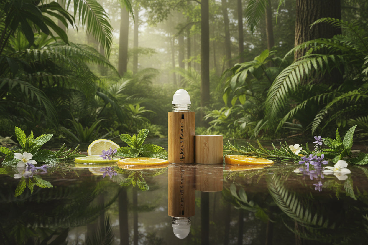 Bamboo and glass roll on with top sitting next to it.