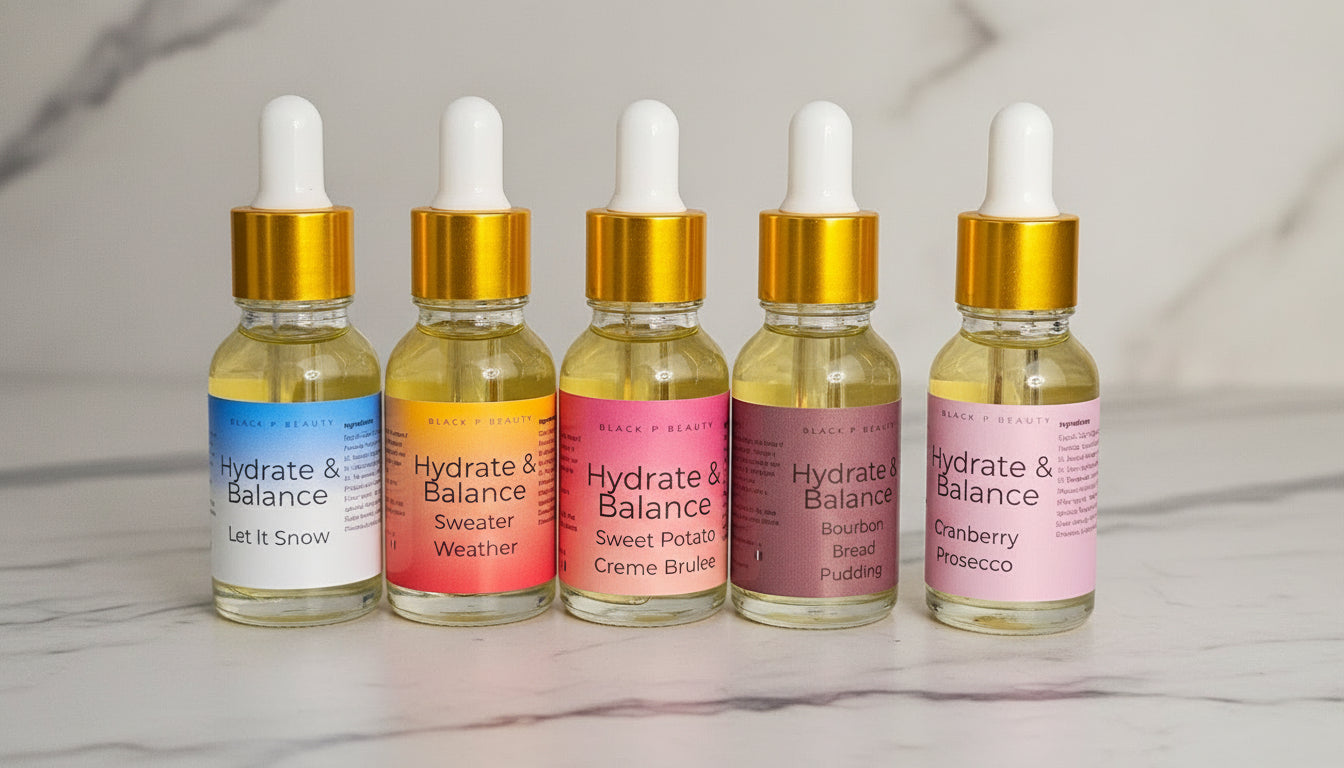 Hydrate & Balance Mini glass bottles with white droppers and a marble background.