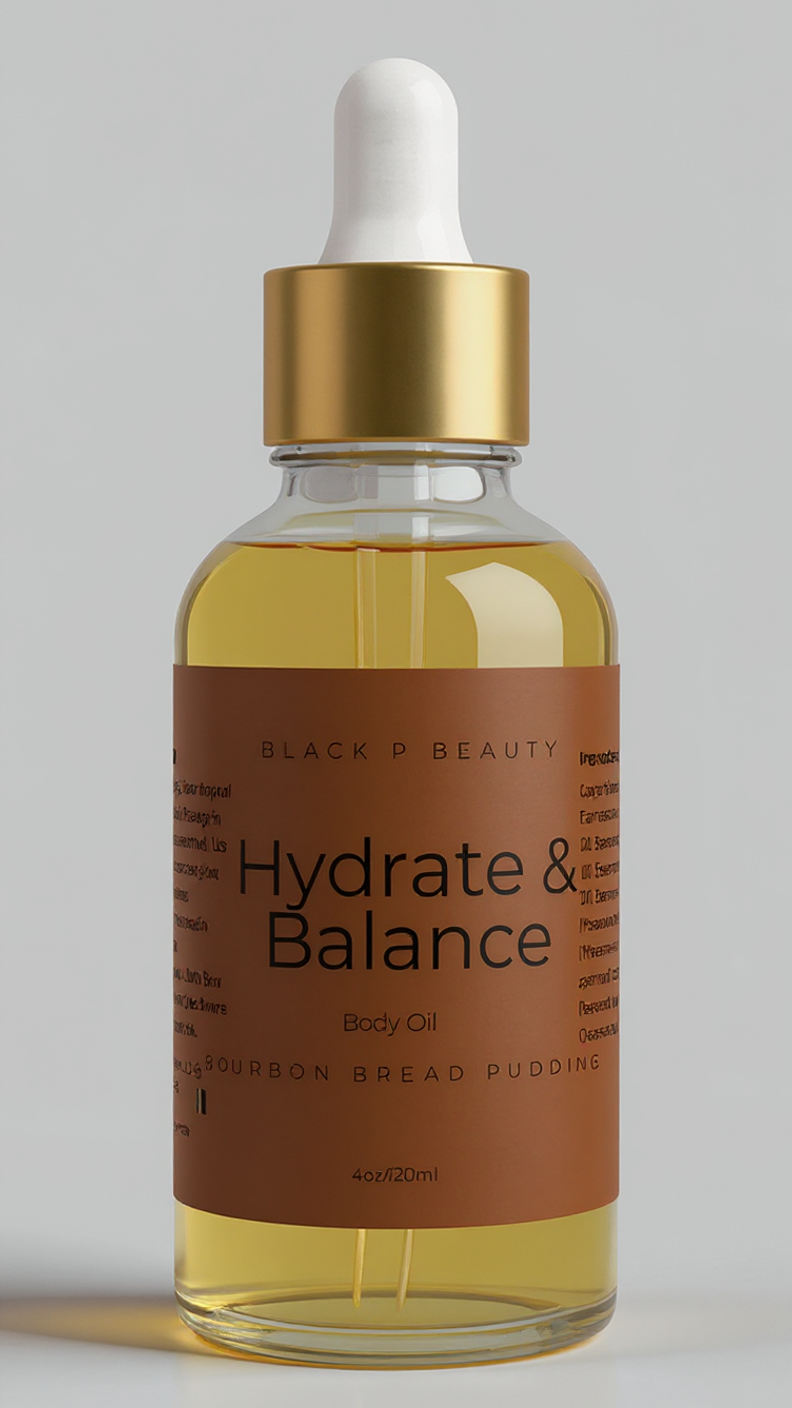 Bottle of 'Hydrate & Balance' n Bourbon Bread Pudding body oil with a gold cap on a gray background