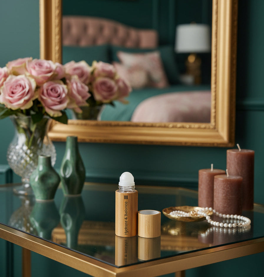 Bamboo roller bottle with white roller ball on a light gray background