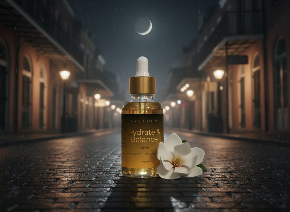 Bottle of 'Hydrate & Balance' skincare serum on a gray background