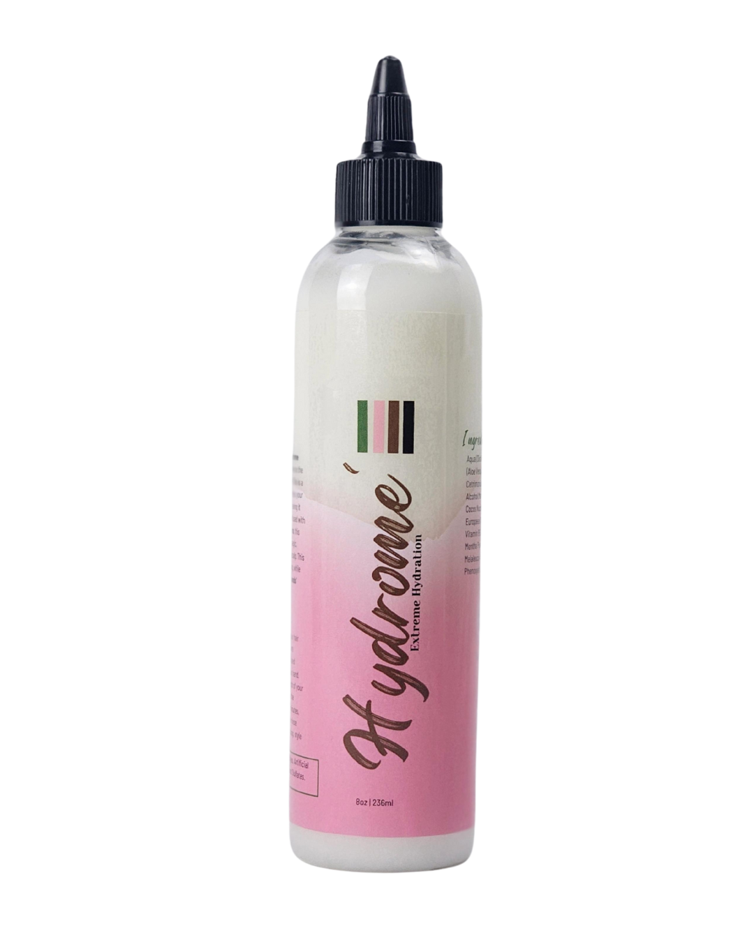 Clear bottle with black twist top filled with creamy conditioner.