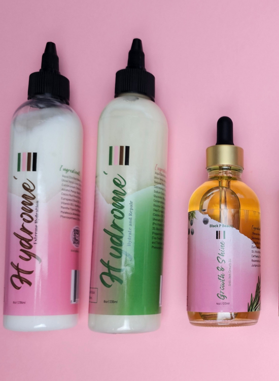 3 haircare item that provide maximum moisture. The products are lying flat in the Growth & Shine Collection.