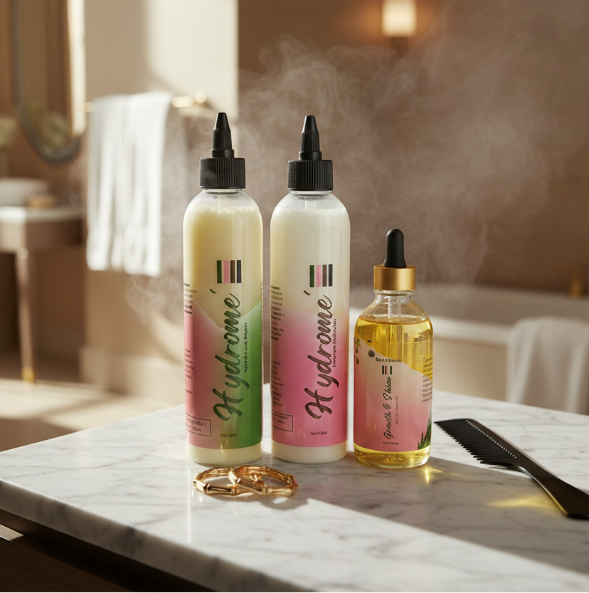 Three bottles of 'Hydrene' hair care products on a marble surface in a bathroom setting.