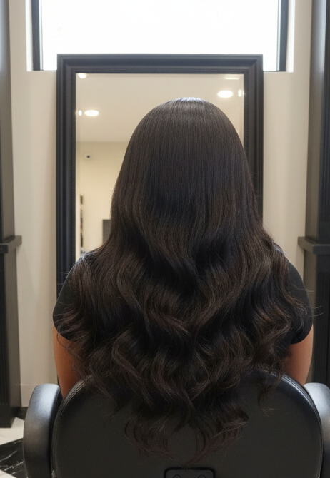 Woman with wavy hair in a salon chair.