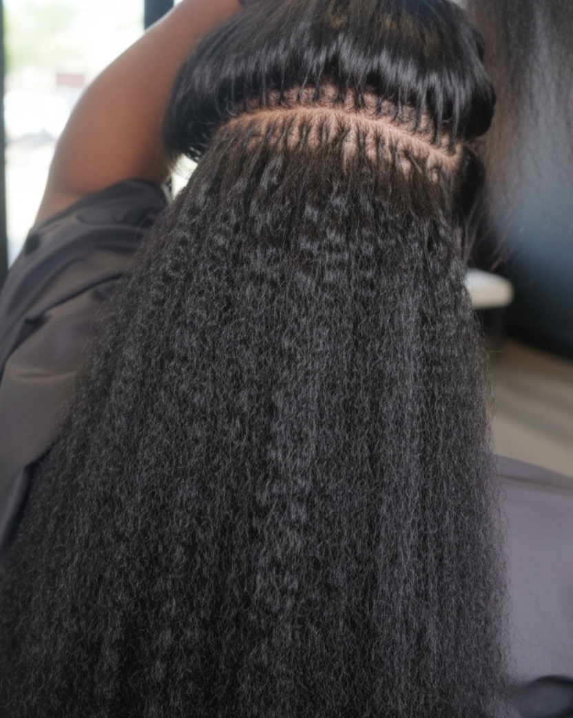Woman getting k-tip extensions