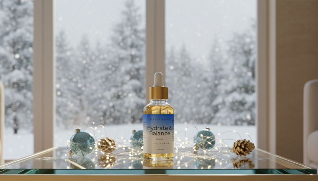 Bottle of Hydrate & Balance on a glass coffee table with a snowy outdoor view.