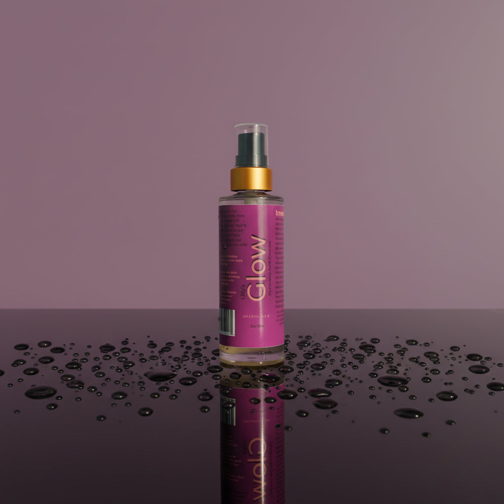 Bottle of 'Glow' serum on a reflective surface with a blurredbackground