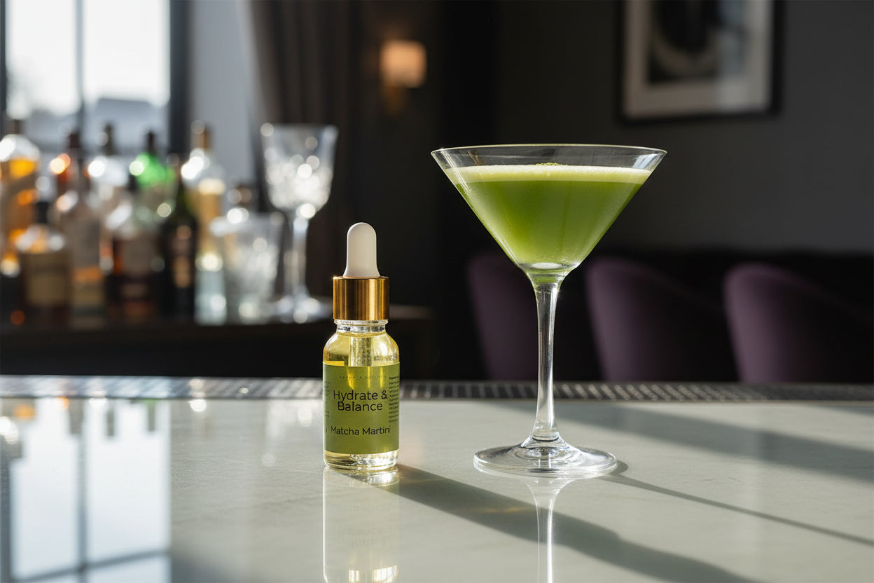 Glass dropper bottle next to a matcha martini glass 