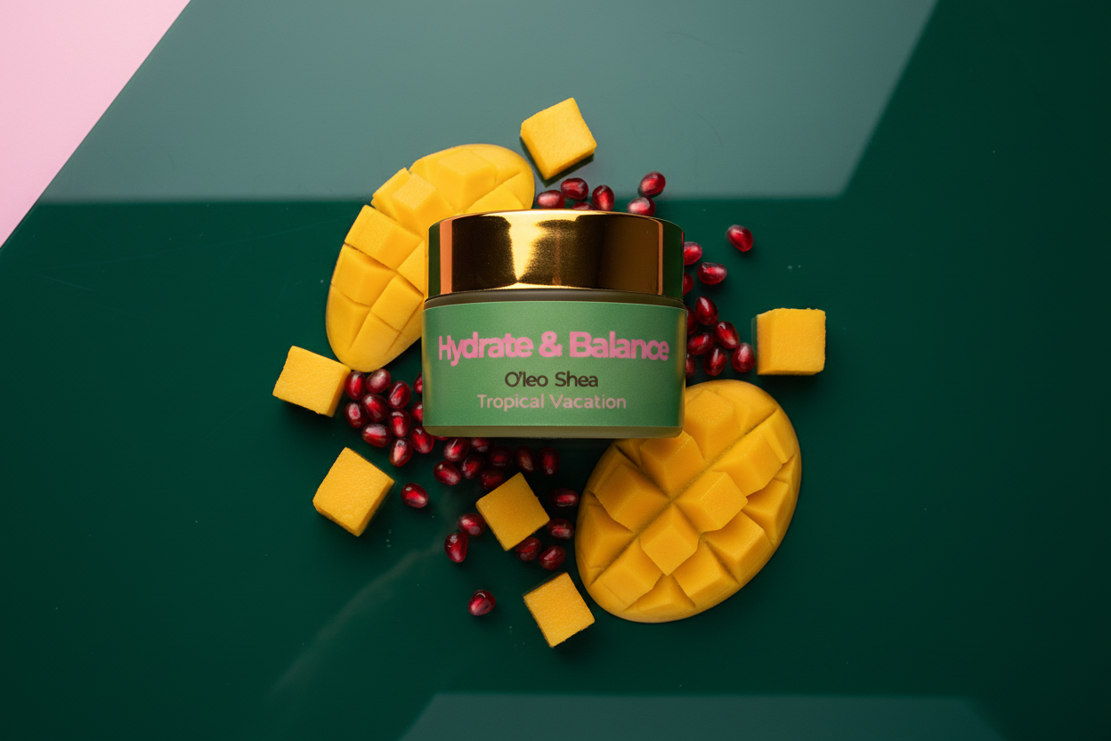 Jar of Olay Shea product with green label and gold accents on a white background