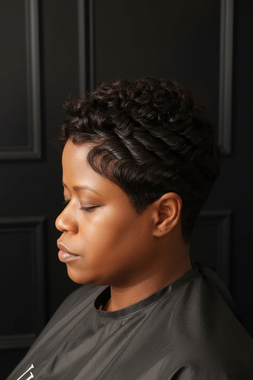 black wall, brown model with pixie haircut and curls.