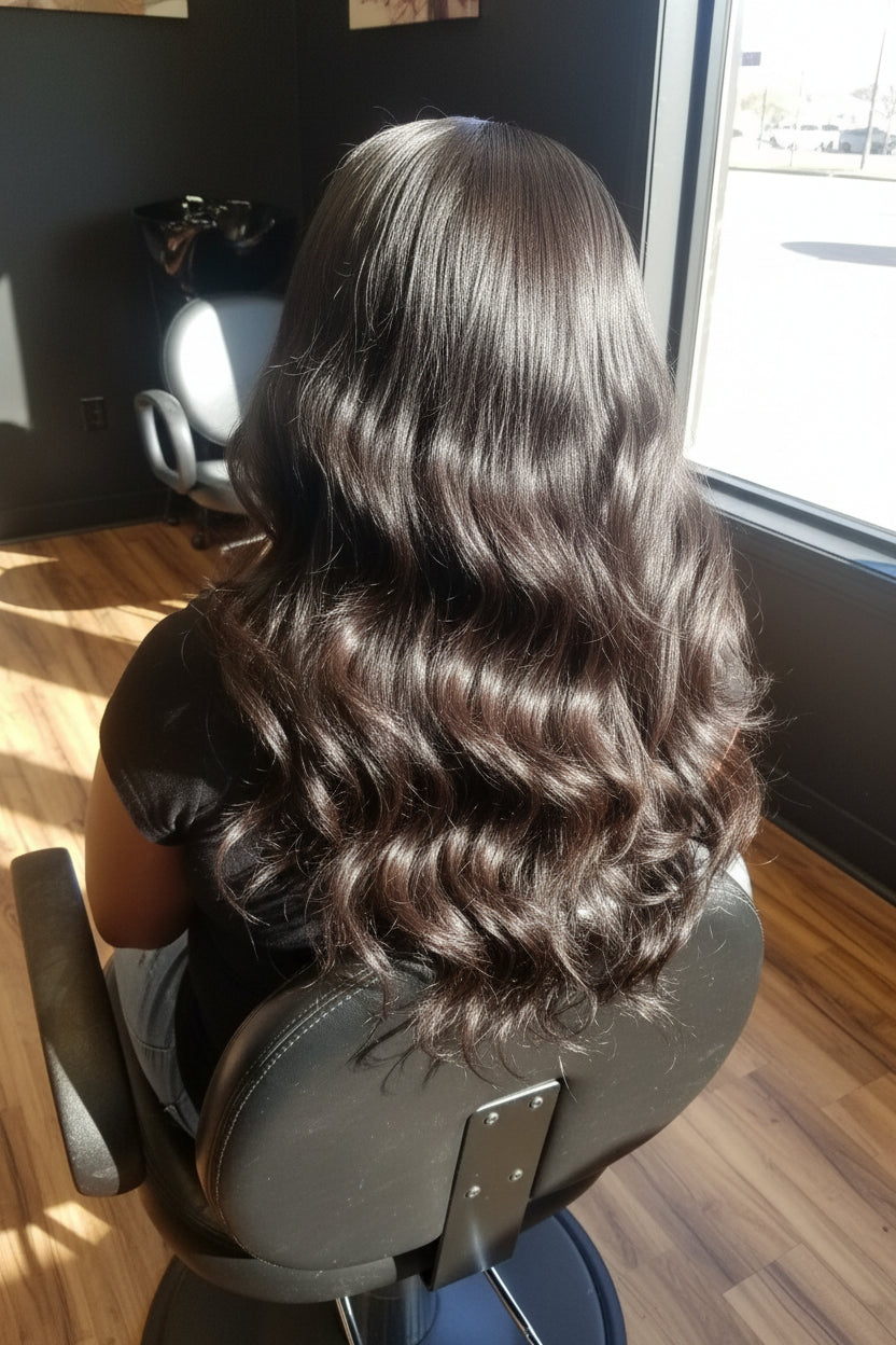 back view of styled long hair.