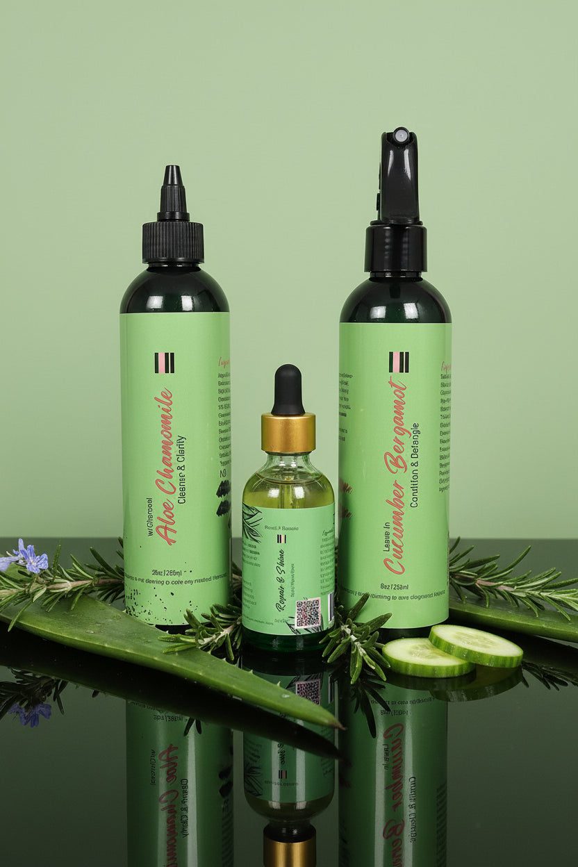 Three green bottles of the Repair & Moisture bundle deal on a reflective surface with a green background