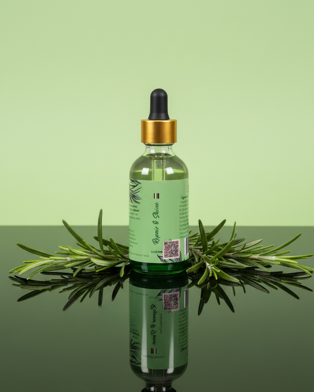Bottle of scalp repair liquid oil for damaged hair with a dropper on a reflective surface with Rosemary leaves.