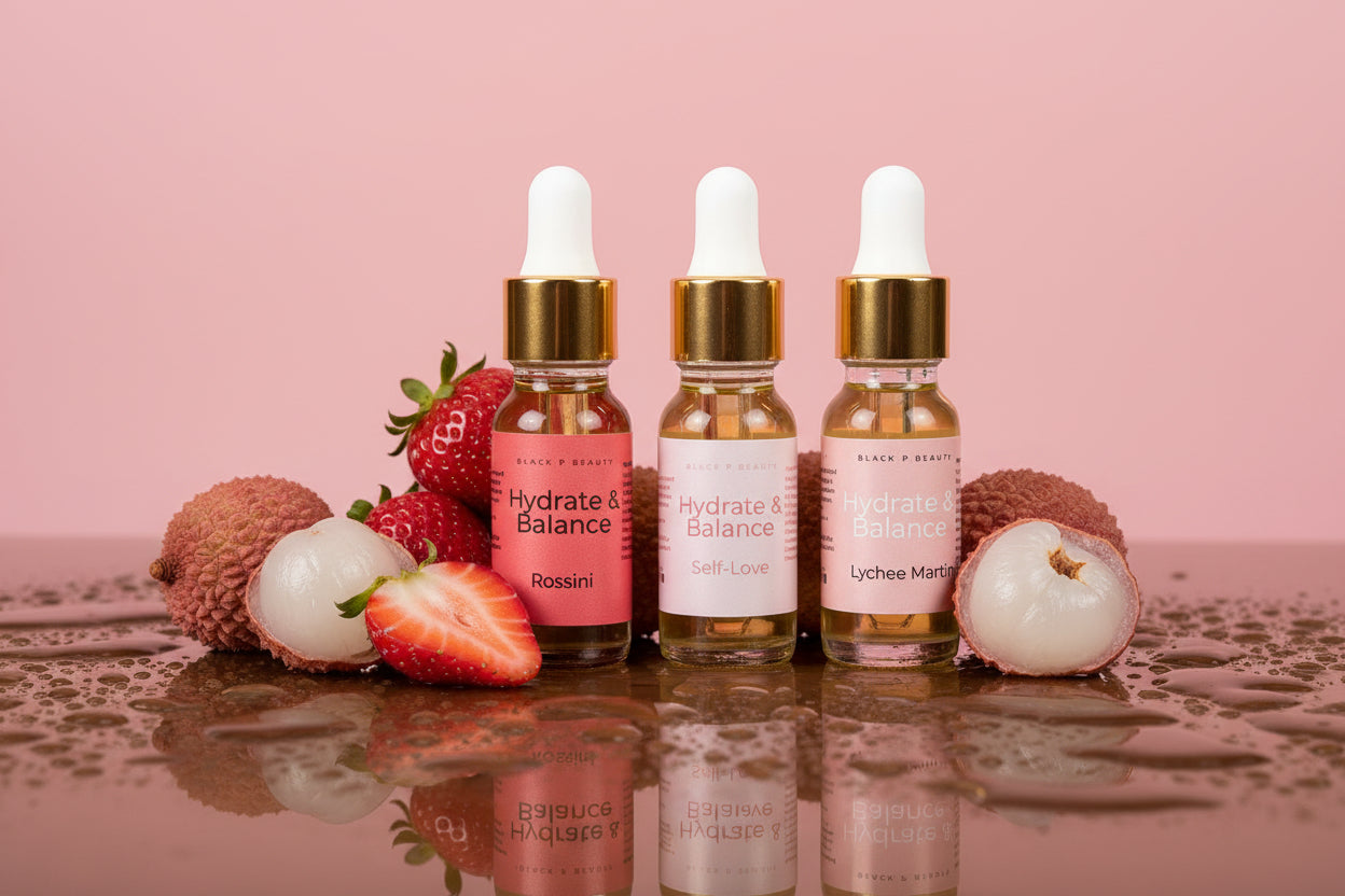 Four dropper bottles with gold caps and pink labels on a white background