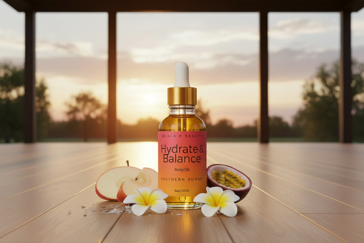 Bottle of 'Hydrate & Balance' body oil with a gradient pink to orange background