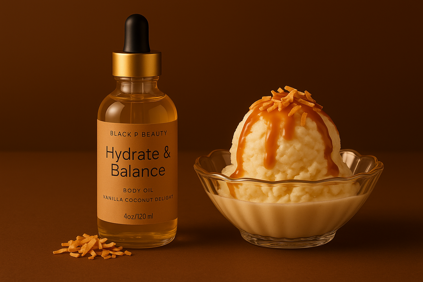 A dropper bottle with a cream label next an ice cream scoop in a clear bowl. Body oil, hyperpigmentation, smooth fine lines, Anti- Aging body oil.