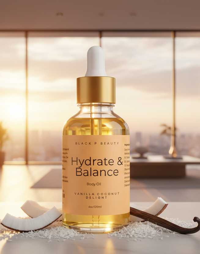 Bottle of Black P Beauty Hydrate & Balance Body Oil on a gray background