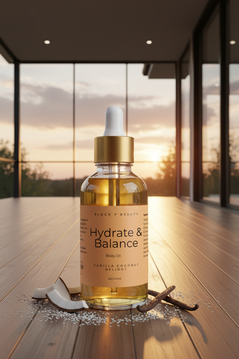 Hydrate & Balance skincare bottle on a wooden surface with a sunset background