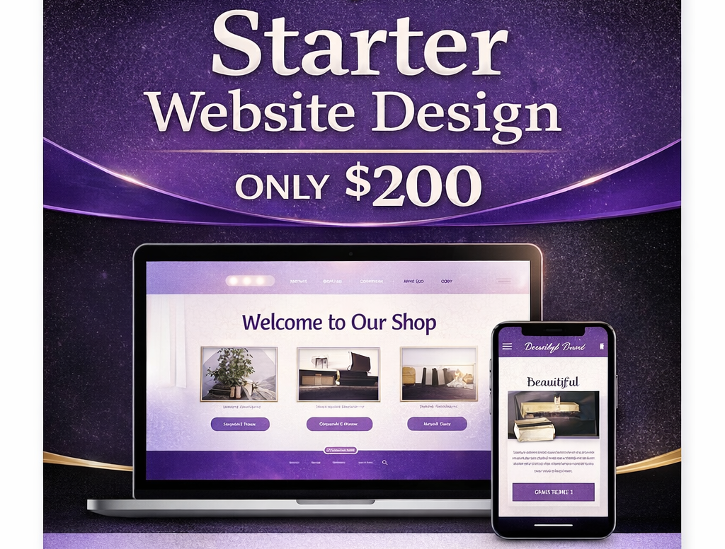 Advertisement for Pretty Pearl's Creative Design starter website design package with a laptop and phone displaying a website.