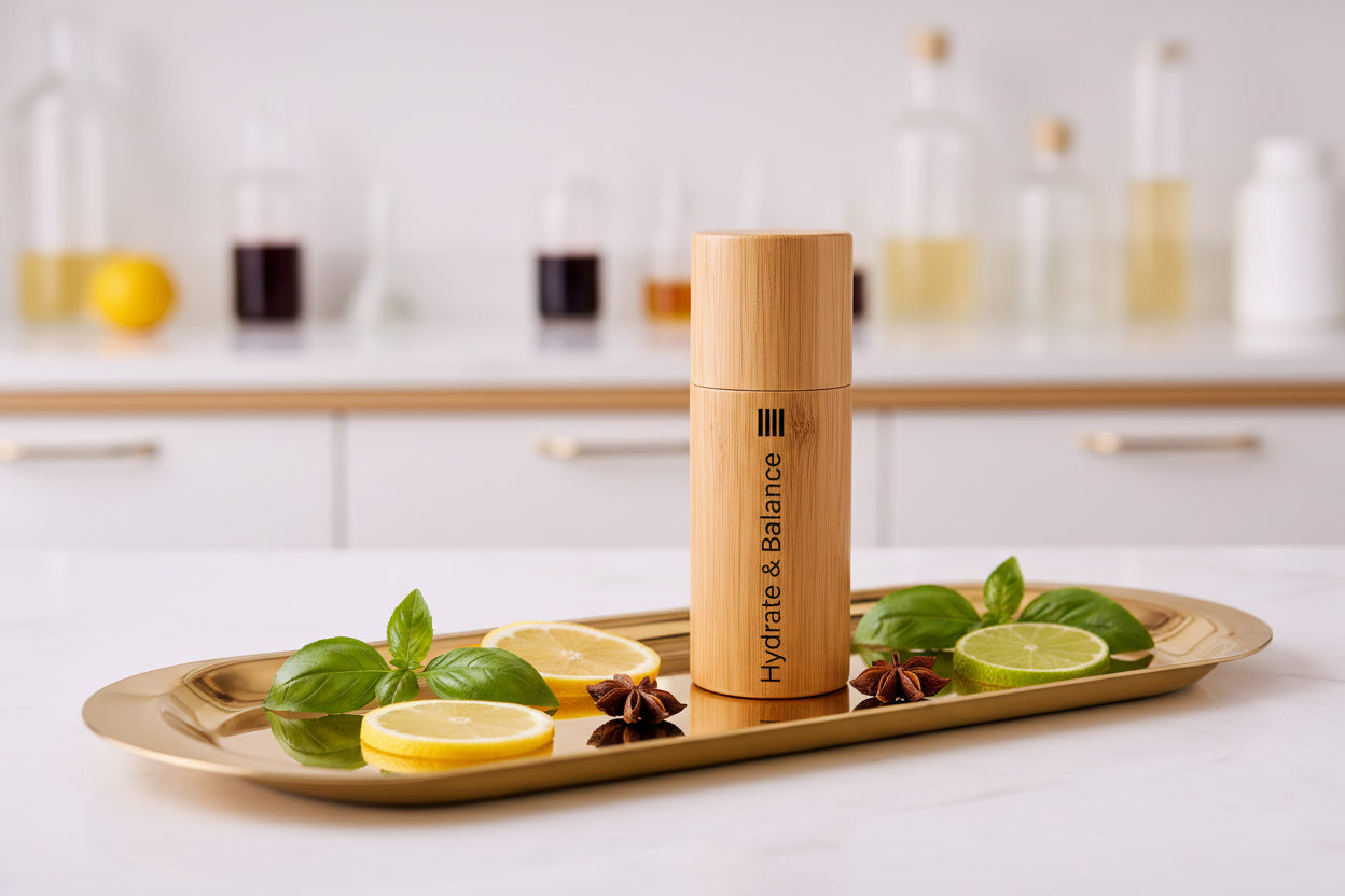 Bamboo bottle with 'Hydrate & Balance' branding on a white background